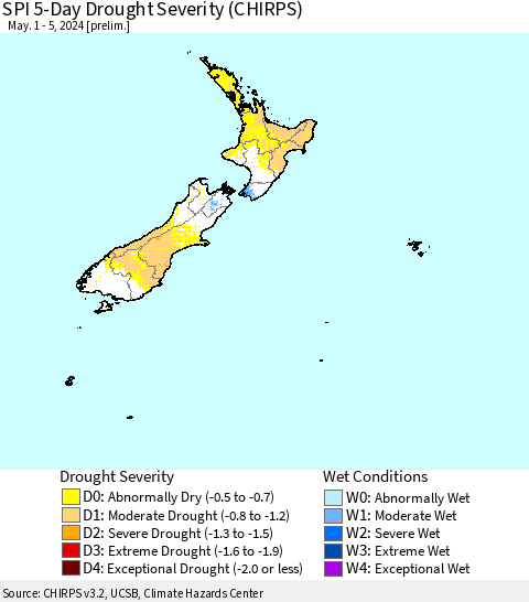 New Zealand SPI 5-Day Drought Severity (CHIRPS) Thematic Map For 5/1/2024 - 5/5/2024