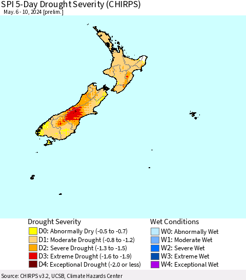 New Zealand SPI 5-Day Drought Severity (CHIRPS) Thematic Map For 5/6/2024 - 5/10/2024