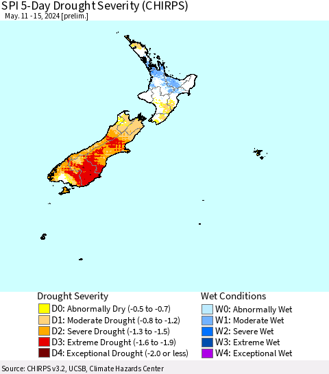 New Zealand SPI 5-Day Drought Severity (CHIRPS) Thematic Map For 5/11/2024 - 5/15/2024