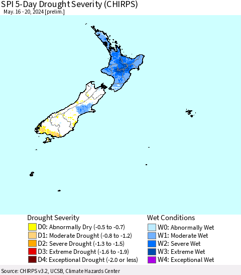 New Zealand SPI 5-Day Drought Severity (CHIRPS) Thematic Map For 5/16/2024 - 5/20/2024