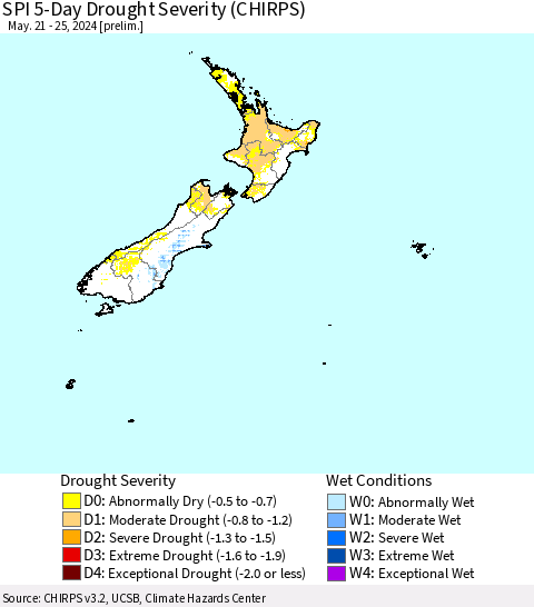New Zealand SPI 5-Day Drought Severity (CHIRPS) Thematic Map For 5/21/2024 - 5/25/2024