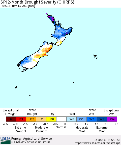 New Zealand SPI 2-Month Drought Severity (CHIRPS) Thematic Map For 9/16/2021 - 11/15/2021