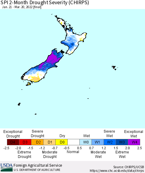 New Zealand SPI 2-Month Drought Severity (CHIRPS) Thematic Map For 1/21/2022 - 3/20/2022
