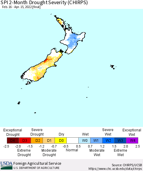 New Zealand SPI 2-Month Drought Severity (CHIRPS) Thematic Map For 2/16/2022 - 4/15/2022