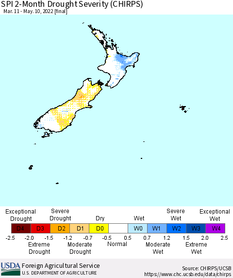 New Zealand SPI 2-Month Drought Severity (CHIRPS) Thematic Map For 3/11/2022 - 5/10/2022