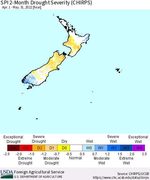 New Zealand SPI 2-Month Drought Severity (CHIRPS) Thematic Map For 4/1/2022 - 5/31/2022