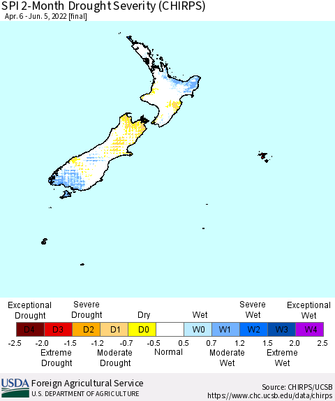 New Zealand SPI 2-Month Drought Severity (CHIRPS) Thematic Map For 4/6/2022 - 6/5/2022