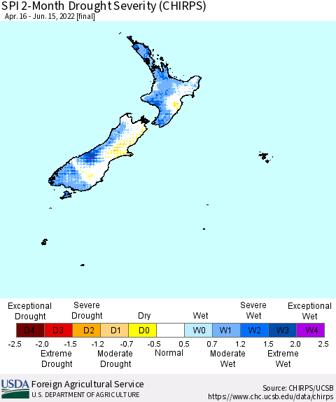 New Zealand SPI 2-Month Drought Severity (CHIRPS) Thematic Map For 4/16/2022 - 6/15/2022