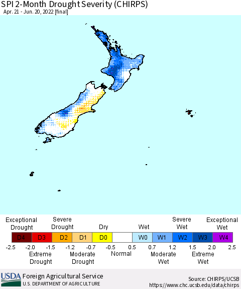 New Zealand SPI 2-Month Drought Severity (CHIRPS) Thematic Map For 4/21/2022 - 6/20/2022