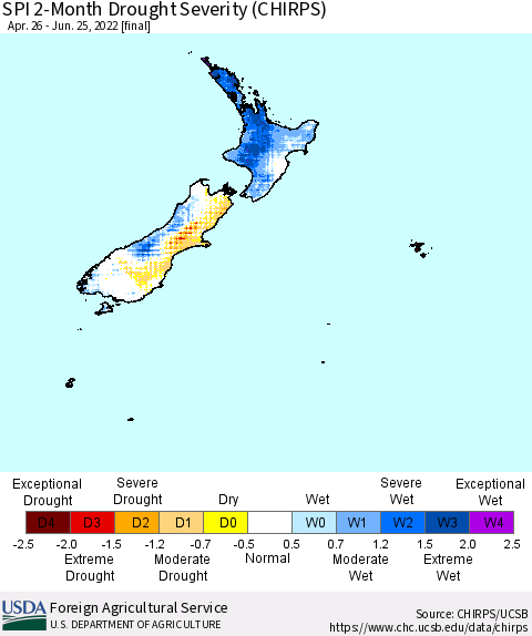 New Zealand SPI 2-Month Drought Severity (CHIRPS) Thematic Map For 4/26/2022 - 6/25/2022