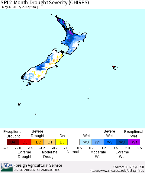 New Zealand SPI 2-Month Drought Severity (CHIRPS) Thematic Map For 5/6/2022 - 7/5/2022