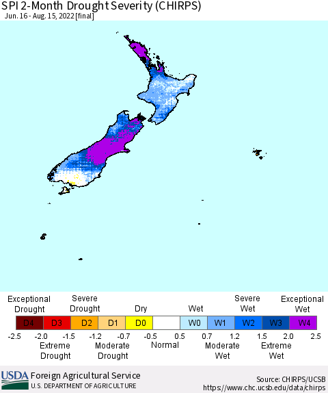 New Zealand SPI 2-Month Drought Severity (CHIRPS) Thematic Map For 6/16/2022 - 8/15/2022