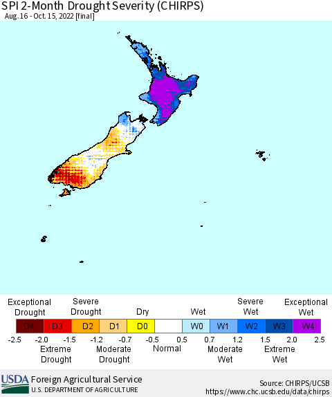 New Zealand SPI 2-Month Drought Severity (CHIRPS) Thematic Map For 8/16/2022 - 10/15/2022