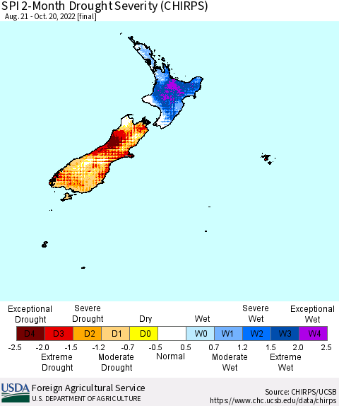 New Zealand SPI 2-Month Drought Severity (CHIRPS) Thematic Map For 8/21/2022 - 10/20/2022