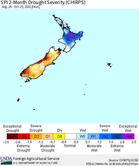New Zealand SPI 2-Month Drought Severity (CHIRPS) Thematic Map For 8/26/2022 - 10/25/2022