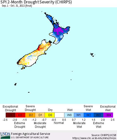 New Zealand SPI 2-Month Drought Severity (CHIRPS) Thematic Map For 9/1/2022 - 10/31/2022