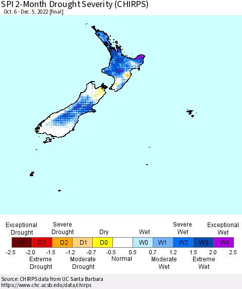 New Zealand SPI 2-Month Drought Severity (CHIRPS) Thematic Map For 10/6/2022 - 12/5/2022