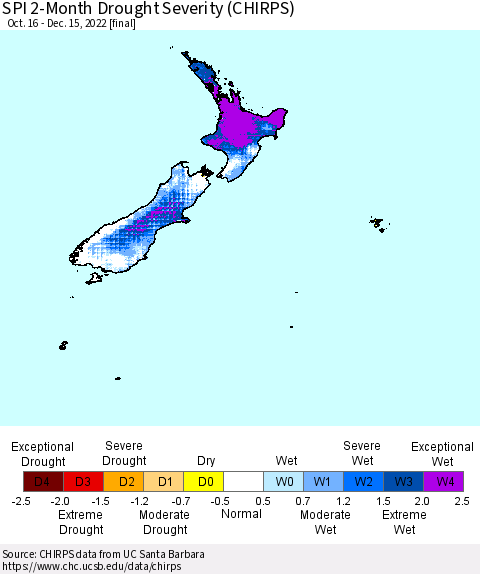 New Zealand SPI 2-Month Drought Severity (CHIRPS) Thematic Map For 10/16/2022 - 12/15/2022