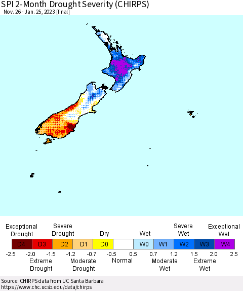 New Zealand SPI 2-Month Drought Severity (CHIRPS) Thematic Map For 11/26/2022 - 1/25/2023