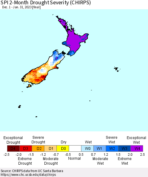 New Zealand SPI 2-Month Drought Severity (CHIRPS) Thematic Map For 12/1/2022 - 1/31/2023