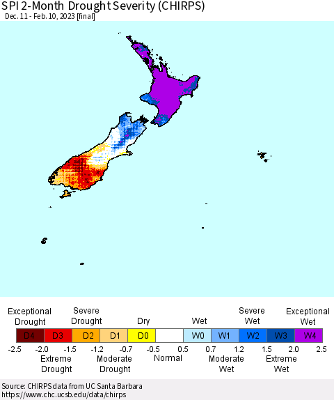 New Zealand SPI 2-Month Drought Severity (CHIRPS) Thematic Map For 12/11/2022 - 2/10/2023