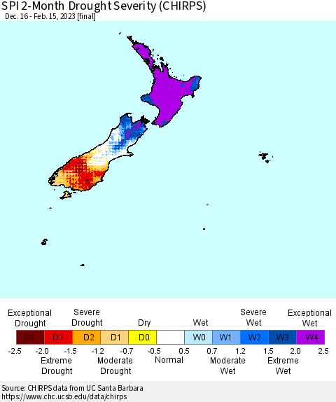 New Zealand SPI 2-Month Drought Severity (CHIRPS) Thematic Map For 12/16/2022 - 2/15/2023
