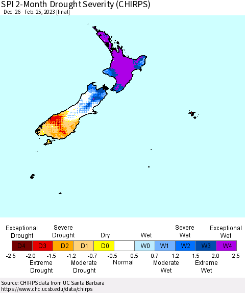New Zealand SPI 2-Month Drought Severity (CHIRPS) Thematic Map For 12/26/2022 - 2/25/2023