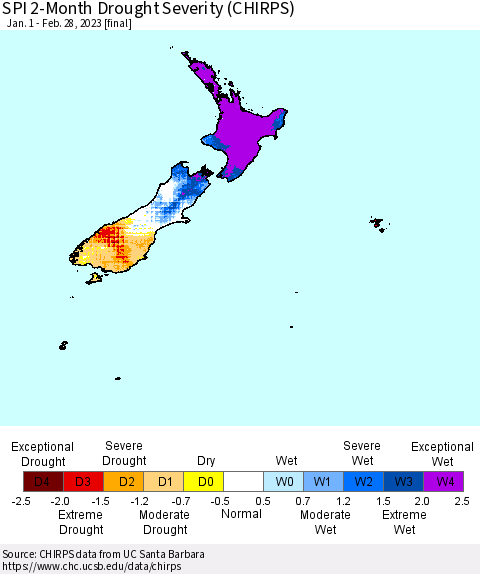 New Zealand SPI 2-Month Drought Severity (CHIRPS) Thematic Map For 1/1/2023 - 2/28/2023