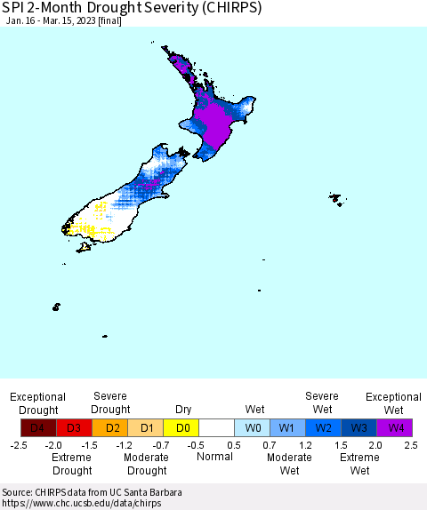New Zealand SPI 2-Month Drought Severity (CHIRPS) Thematic Map For 1/16/2023 - 3/15/2023