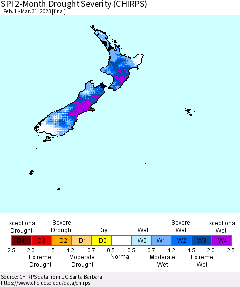 New Zealand SPI 2-Month Drought Severity (CHIRPS) Thematic Map For 2/1/2023 - 3/31/2023