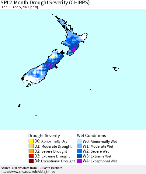 New Zealand SPI 2-Month Drought Severity (CHIRPS) Thematic Map For 2/6/2023 - 4/5/2023