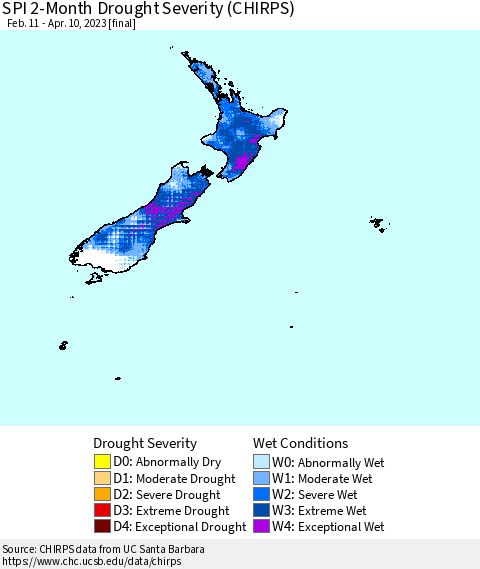 New Zealand SPI 2-Month Drought Severity (CHIRPS) Thematic Map For 2/11/2023 - 4/10/2023
