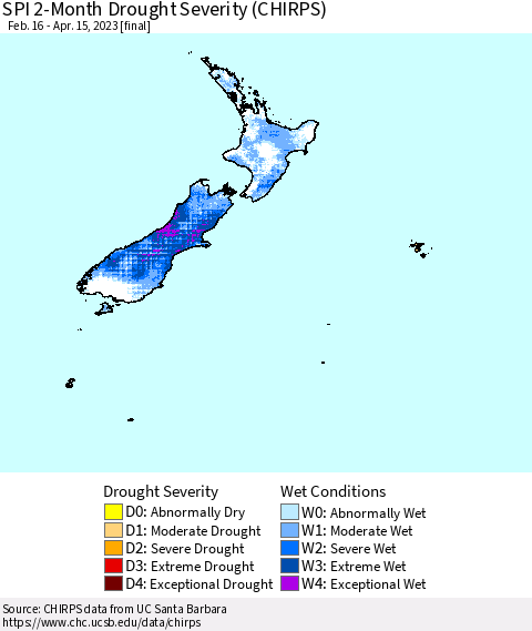 New Zealand SPI 2-Month Drought Severity (CHIRPS) Thematic Map For 2/16/2023 - 4/15/2023