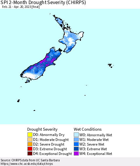 New Zealand SPI 2-Month Drought Severity (CHIRPS) Thematic Map For 2/21/2023 - 4/20/2023