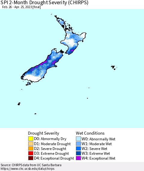 New Zealand SPI 2-Month Drought Severity (CHIRPS) Thematic Map For 2/26/2023 - 4/25/2023