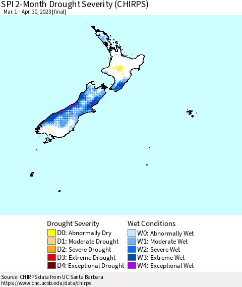 New Zealand SPI 2-Month Drought Severity (CHIRPS) Thematic Map For 3/1/2023 - 4/30/2023