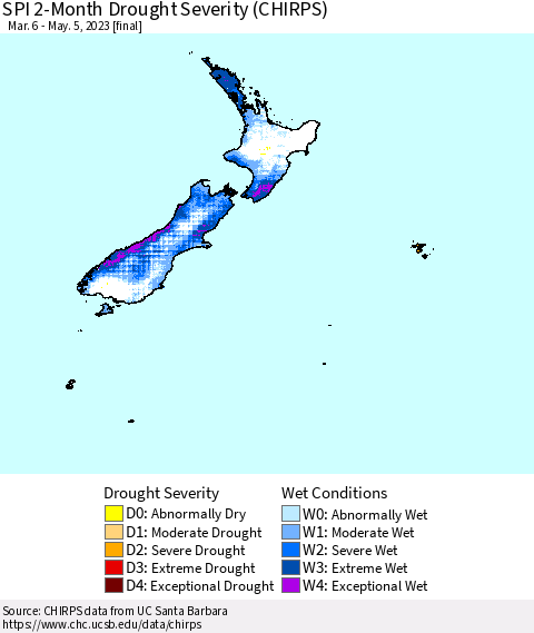 New Zealand SPI 2-Month Drought Severity (CHIRPS) Thematic Map For 3/6/2023 - 5/5/2023
