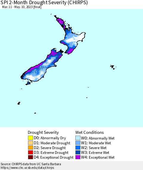 New Zealand SPI 2-Month Drought Severity (CHIRPS) Thematic Map For 3/11/2023 - 5/10/2023