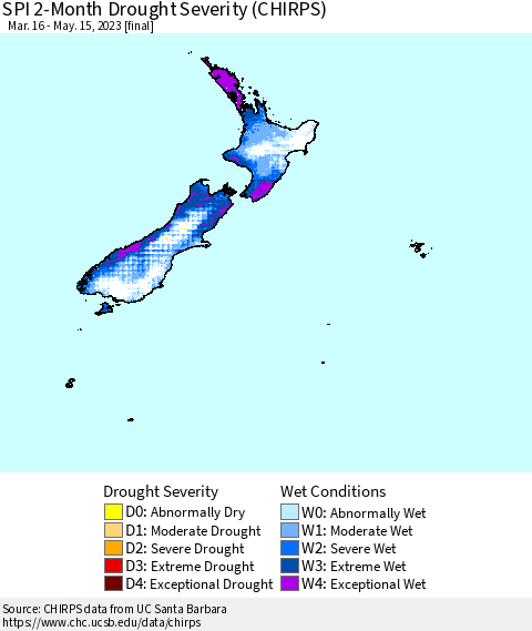 New Zealand SPI 2-Month Drought Severity (CHIRPS) Thematic Map For 3/16/2023 - 5/15/2023