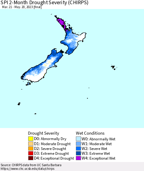 New Zealand SPI 2-Month Drought Severity (CHIRPS) Thematic Map For 3/21/2023 - 5/20/2023