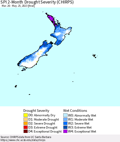 New Zealand SPI 2-Month Drought Severity (CHIRPS) Thematic Map For 3/26/2023 - 5/25/2023