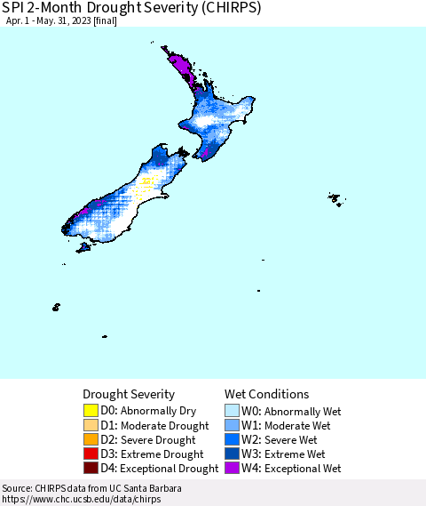 New Zealand SPI 2-Month Drought Severity (CHIRPS) Thematic Map For 4/1/2023 - 5/31/2023