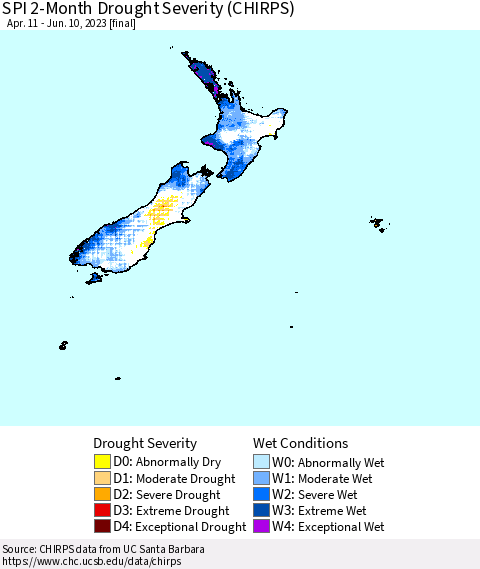 New Zealand SPI 2-Month Drought Severity (CHIRPS) Thematic Map For 4/11/2023 - 6/10/2023