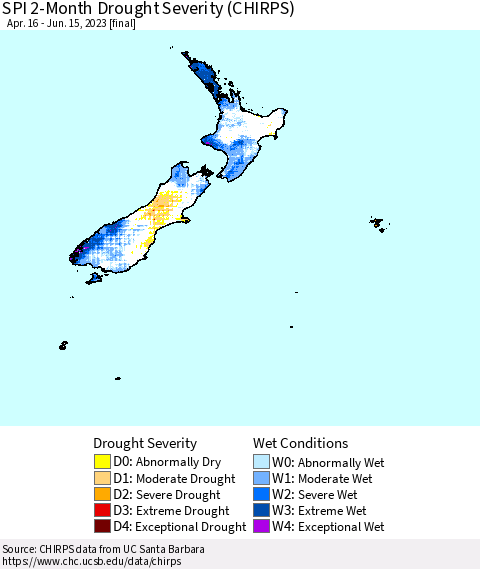 New Zealand SPI 2-Month Drought Severity (CHIRPS) Thematic Map For 4/16/2023 - 6/15/2023