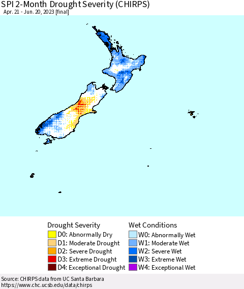 New Zealand SPI 2-Month Drought Severity (CHIRPS) Thematic Map For 4/21/2023 - 6/20/2023