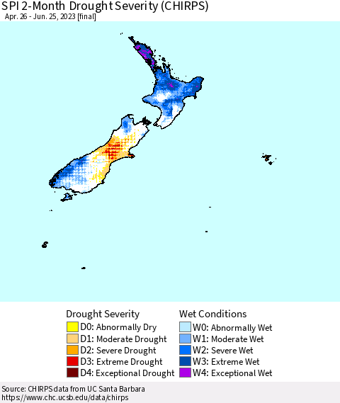 New Zealand SPI 2-Month Drought Severity (CHIRPS) Thematic Map For 4/26/2023 - 6/25/2023