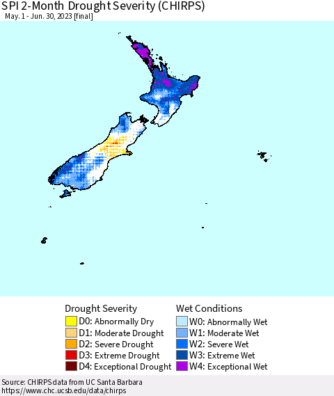 New Zealand SPI 2-Month Drought Severity (CHIRPS) Thematic Map For 5/1/2023 - 6/30/2023