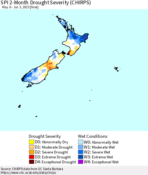 New Zealand SPI 2-Month Drought Severity (CHIRPS) Thematic Map For 5/6/2023 - 7/5/2023