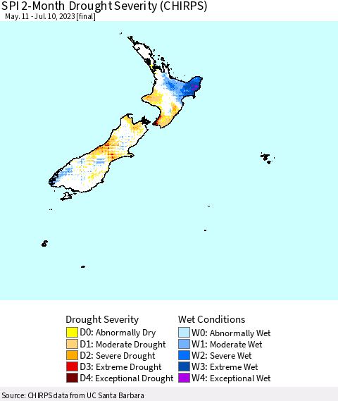 New Zealand SPI 2-Month Drought Severity (CHIRPS) Thematic Map For 5/11/2023 - 7/10/2023