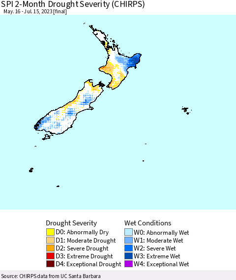 New Zealand SPI 2-Month Drought Severity (CHIRPS) Thematic Map For 5/16/2023 - 7/15/2023